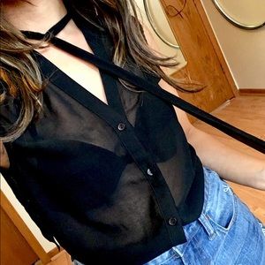 sexy sheer button down blouse (choker neck)
